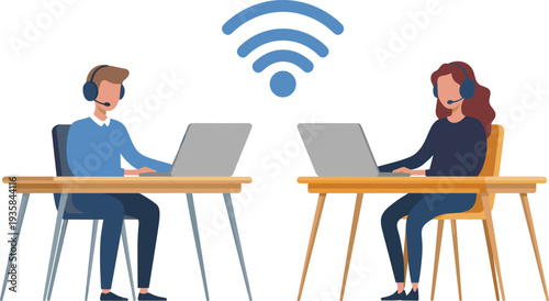 Online customer support operators with headsets working on laptops remote communication concept flat vector illustration isolated on light background