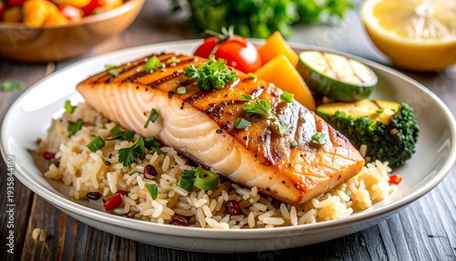Delicious Grilled Salmon Fillet Served with Rice and Fresh Vegetables on a Plate.
