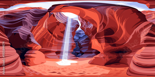 USA, US, U.S, United States - Antelope Canyon light beam glowing through sandstone walls ultra-wide panoramic flat vector
