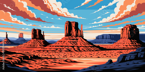 USA, US, U.S, United States - Monument Valley dramatic sandstone buttes sunset ultra-wide cinematic flat vector
