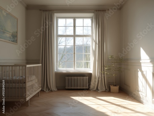 Sunlight streams through tall window with curtains. Cradle rests quietly in softly lit room. Floorboards gleam under warm, golden glow. Plant adds gentle touch beside window sill