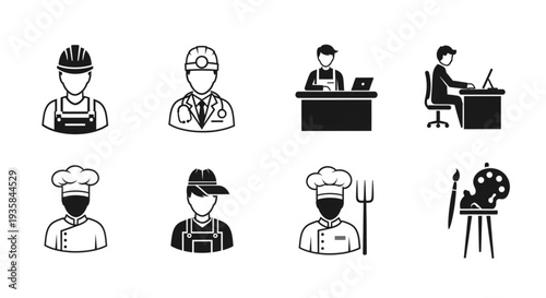 Collection of diverse professional occupation icons in silhouette style.