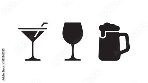 Black Silhouettes Of Cocktail Glass, Wine Glass, And Beer Mug For Drink And Bar Concepts