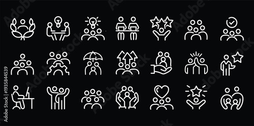 People crowd, person group, human resources, team work icons pack. Line signs office worker and employees group, staff people. Thin vector icons set for web and app outline pictograms editable stroke.