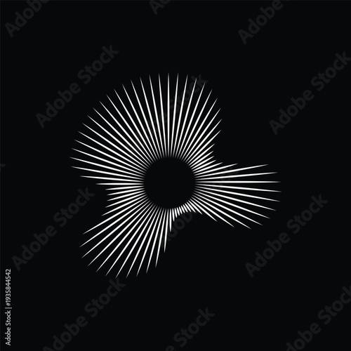 Abstract white sunburst design on black background with radiating lines pattern art graphic shape symbol.  Resizable and Editable. EPS, 10.