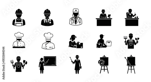 Collection of diverse professional occupation icons in silhouette.