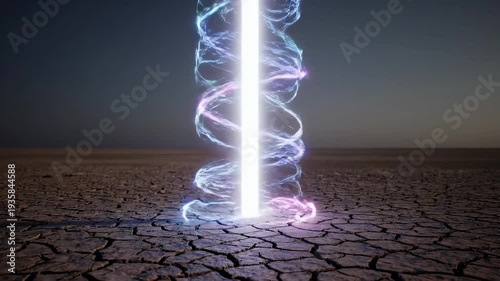 Mysterious Beam of Light Illuminates Cracked Earth at Dusk.