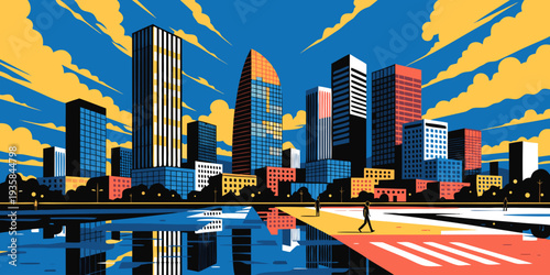 USA, US, U.S, United States - Dallas skyline golden hour glow with modern skyscrapers, ultra-wide cinematic flat vector
