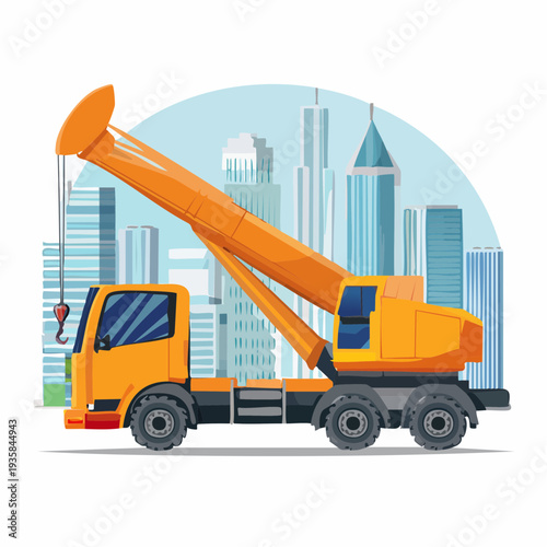 Vector illustration of a huge cement pumper truck with extended boom, construction skyscraper