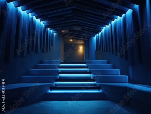Dark blue staircase with glowing LED lights. Modern architecture features geometric ceiling panels. Symmetrical design leads to distant warm doorway. Cool ambient lighting enhances mood and depth