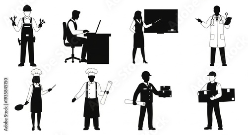 Collection of diverse professional occupation silhouettes in black and white.