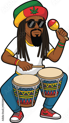 Rastafarian reggae musician playing bongo drums and maraca cartoon vector illustration isolated on light background music culture concept