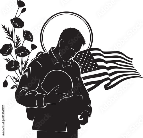 Soldier silhouette illustration vector graphic with poppies and flag