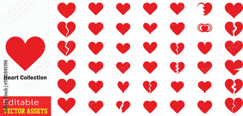 Vector red heart shapes collection: Set of romantic love symbols and broken hearts. Minimalist icons for passion, affection, and emotional heartbreak for Valentine's Day and relationship designs.