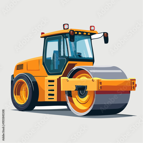 Vector of oversized road roller compacting asphalt, gritty construction backdrop, strong heavy 