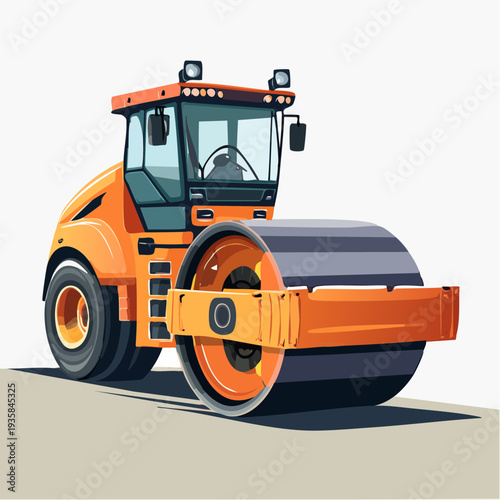 Vector of oversized road roller compacting asphalt, gritty construction backdrop, strong heavy 