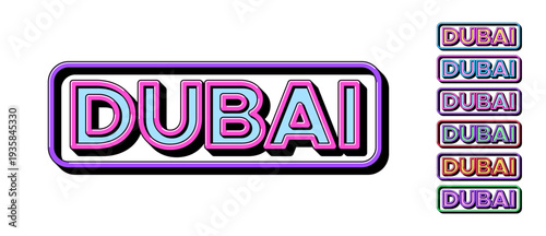 Dubai city, framed text icon set. Text Dubai in 3D style, tourist city in UAE. Isolated word Dubai with isometric letters for graphic design in pop art style, vector set