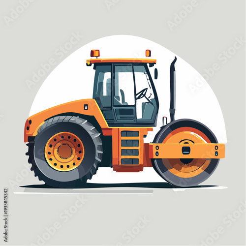 Vector of oversized road roller compacting asphalt, gritty construction backdrop, strong heavy 