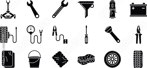Set of car maintenance and repair tool icons isolated on a white background for automotive service
