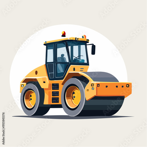 Vector of oversized road roller compacting asphalt, gritty construction backdrop, strong heavy 