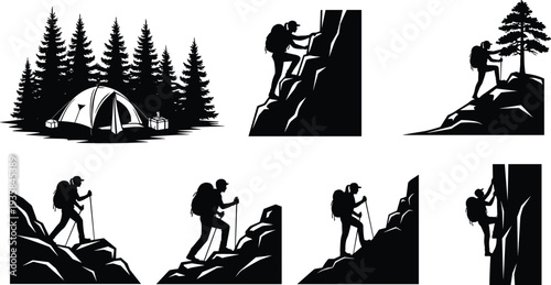 Mountain hiking and camping silhouette collection, backpacker climbing rocks trekking forest adventure outdoor exploration camping tent wilderness travel vector illustration set