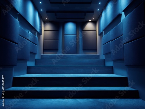 Blue-lit staircase leads upward in modern, textured walls. Cool lighting highlights architectural detail and depth. Dark steps contrast sharply with illuminated surroundings