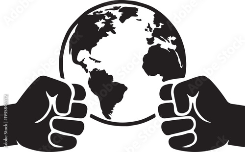 Two fists facing each other with globe between them silhouette