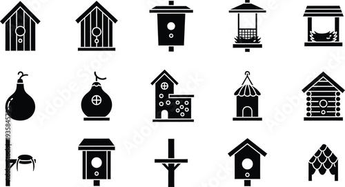 Collection of various black birdhouse and bird feeder icons isolated on a white background.