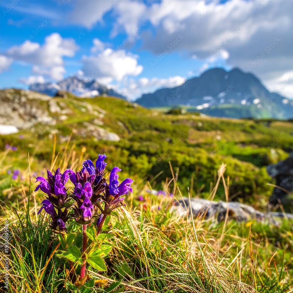 Obraz premium Vibrant purple wildflowers in a scenic alpine meadow setting