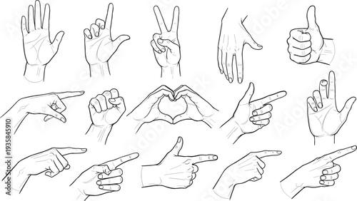 Hand gesture collection line art vector set with pointing thumbs up peace sign heart hands and finger signals
