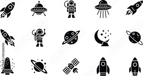 Black and white flat icon set featuring rockets, astronauts, planets, and ufo spacecraft