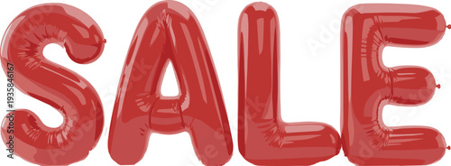 Red glossy balloon SALE text, inflatable foil letters promotion banner, discount offer typography vector illustration isolated on background
