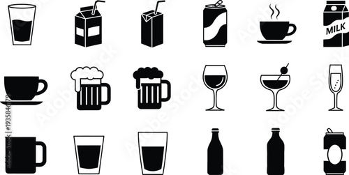 Collection of various drink icons like coffee, beer, wine, soda, and milk in black and white silhouette.