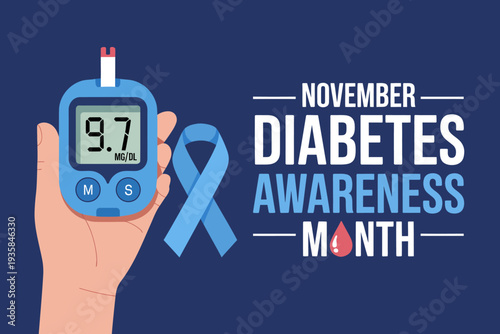 November Diabetes Awareness Month blue ribbon and glucometer in hand