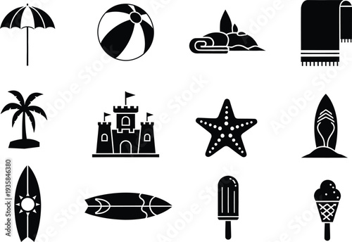 A collection of black and white icons representing various beach and summer vacation elements
