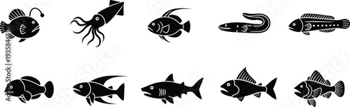 Black and white icons of various deep sea creatures and fish including anglerfish and squid.