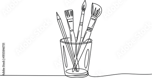 Continuous line representation of artists instruments like paintbrushes and a pencil inside a clear glass