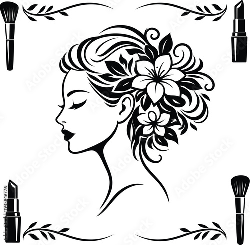 Makeup woman profile with lipstick line art

