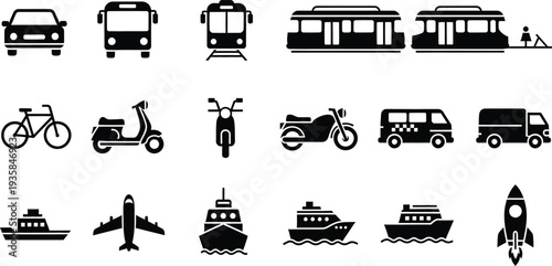 Collection of various transportation icons including land air and sea vehicles in black silhouette