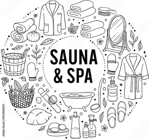 Sauna and spa wellness line art illustration with bath accessories towels robe bucket stones and relaxation elements vector design