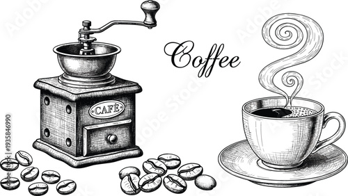 Vintage coffee grinder cup and beans engraving illustration with steaming coffee mug retro cafe style vector design