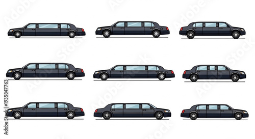 Collection of Black Luxury Limousine Cars Side View.