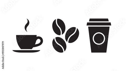 Black Icons Of Coffee Cup, Coffee Beans, And Takeaway Coffee Cup On White Background For Beverage Concepts