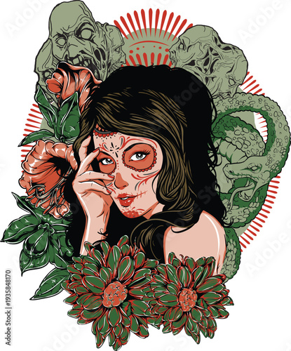 Woman with sugar skull makeup surrounded by flowers and snakes