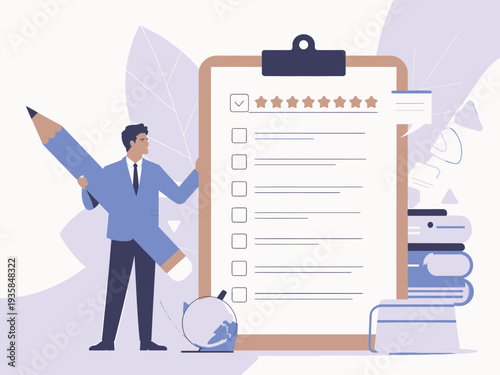 Man with giant pencil checks off list on clipboard with star ratings, symbolizing survey, feedback, evaluation and project completion.