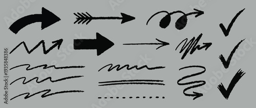 Crayon doodle scrapbook arrows for collage design. Hand drawn charcoal arrows, underlines and check marks on town beige paper. Scrapbook doodle element for handdrawn note and collage. Ink illustration