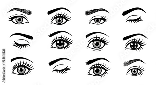Collection of Beautifully Drawn Eyes with Eyelashes and Eyebrows.