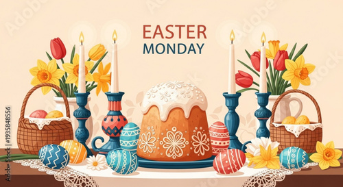 Easter monday celebration with decorated cake eggs flowers and baskets on a table