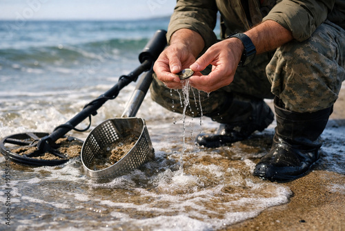 Metal detectorist rinsing coin on sandy beach