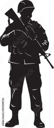 Soldier with rifle silhouette vector illustration standing in military uniform line art